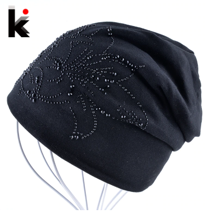 Female Beanie Bonnet Autumn And Winter Caps Hip-hop Cap Flower Rhinestone Hats For Women Beanies Balaclava Womens Skullies